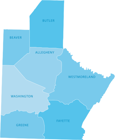 Map of counties in southwestern Pennsylvania